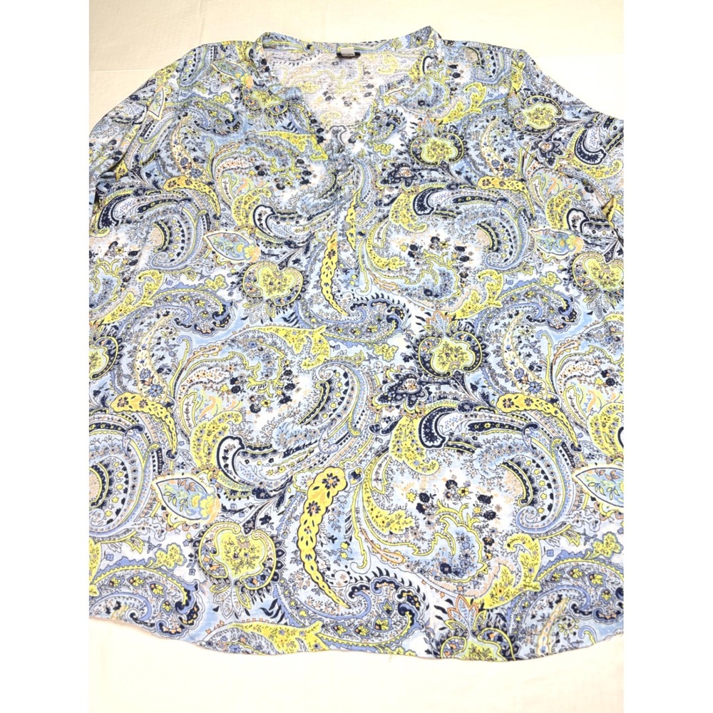 Basic Editions Woman Blue Yellow Paisley Print 3/4 Sleeve Blouse 2X